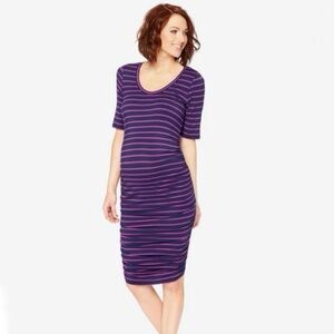 Motherhood Maternity Midi T-Shirt Dress Size S Striped Half Sleeve‎ Ruched Navy